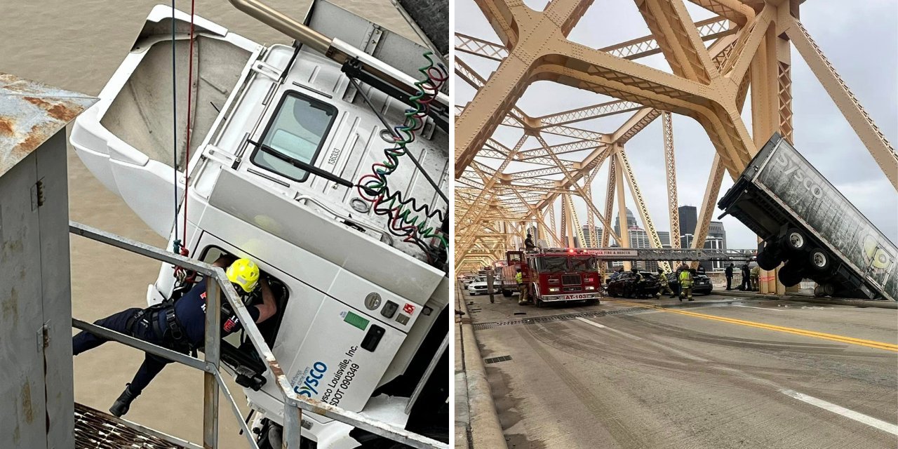 Köprüde asılı kalan tırın kadın şoförü, Hollywood sahnesi gibi operasyonla kurtarıldı