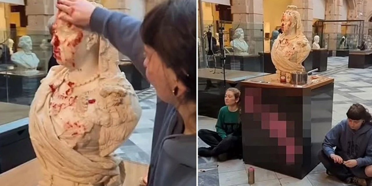 Açlık protestosu diyerek Kraliçe Victoria'nın büstüne yulaf ve reçel attılar