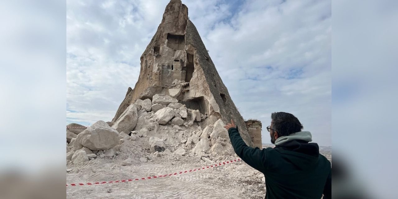 Kapadokya'da peri bacası yıkıldı