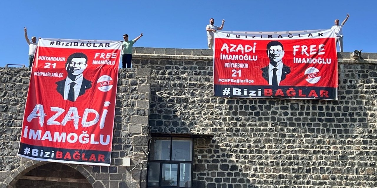 Polis, Diyarbakır surlarına asılan 'Azadi İmamoğlu' pankartına el koydu