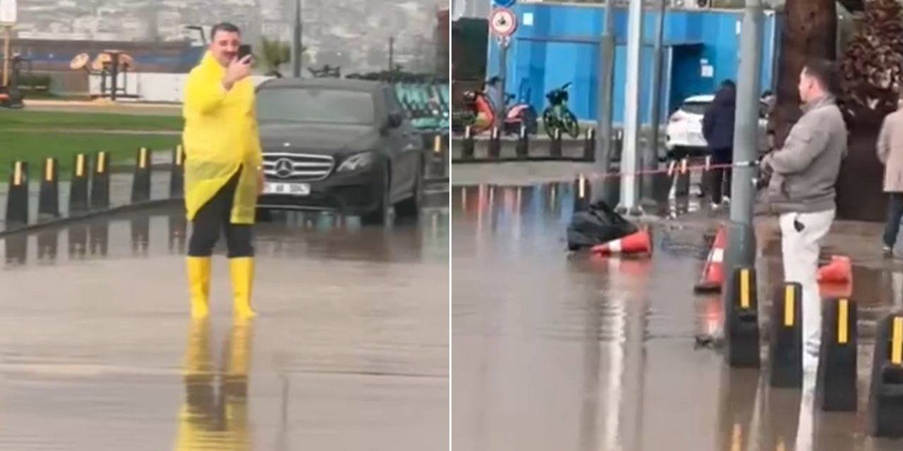 AKP'li başkan yağmuru böyle fırsat gördü: Bir kişinin eline olta verip kayda almış!