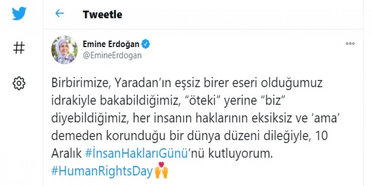 Emine Erdoğan'dan 'İnsan Hakları Günü' paylaşımı