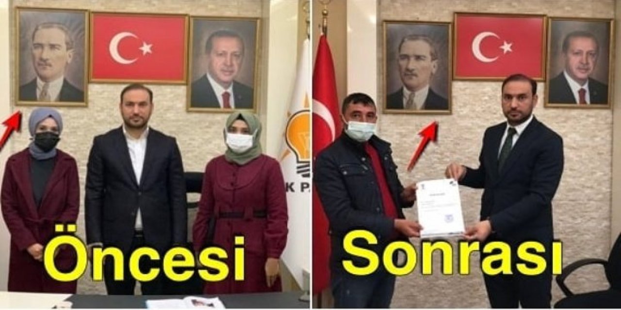 Genel başkanının hamlelerini takip etmekte zorlanıyor olmalı; Erdoğan, ''Atatürk'e '' dönmeye başlamıştı yüzünü, AKP Mamak ilçe Atatürk  portresini aşağı indirince sosyal medyadan tepki yağdı