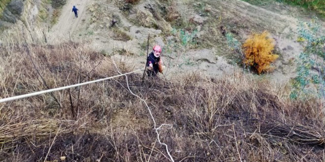 Yamaçta mahsur kalan köpeği itfaiye kurtardı