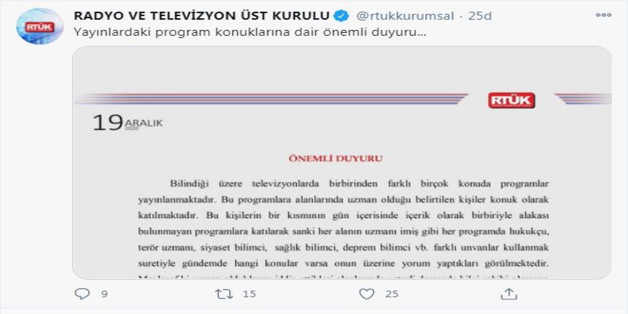RTÜK sonunda televizyon kanallarının  'konuklarına da  karıştı