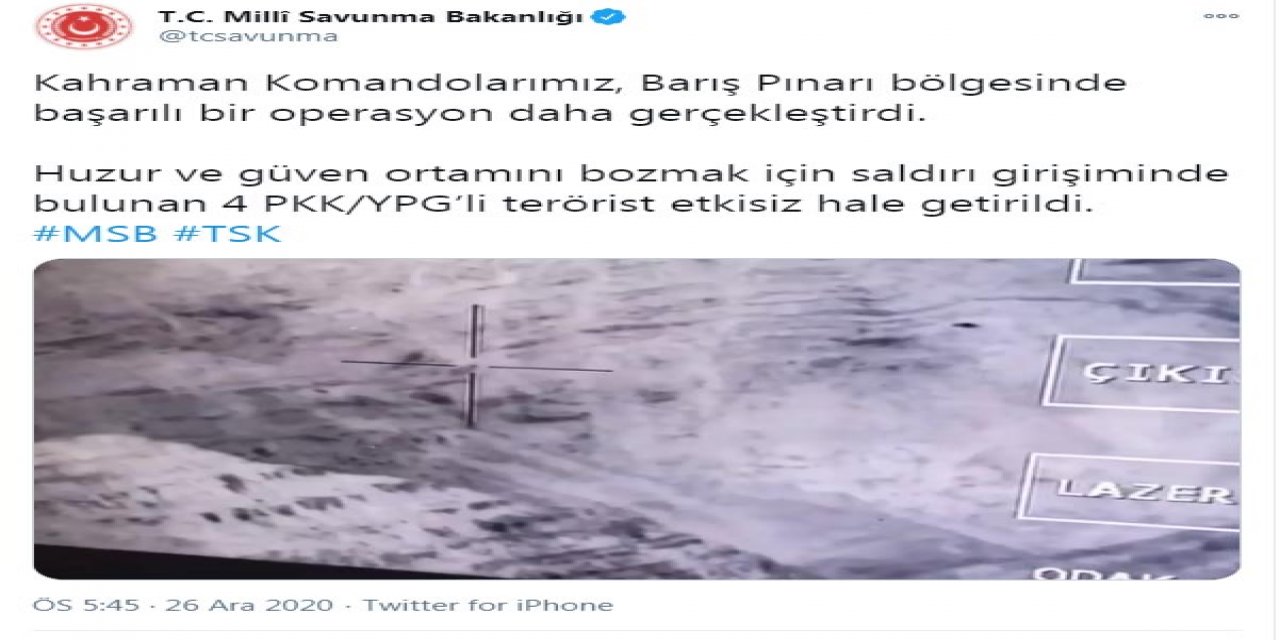 MSB: Barış Pınarı bölgesinde 4 terörist etkisiz hale getirildi