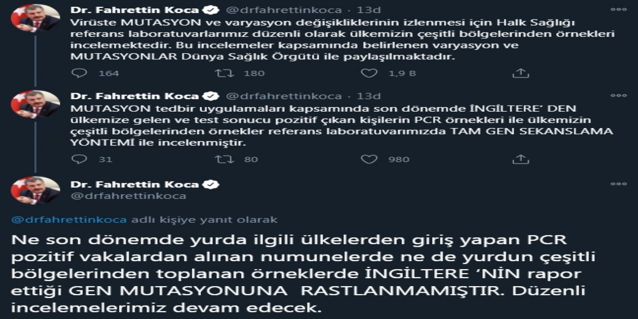 Bakan Koca: Numunelerde İngiltere'nin rapor ettiği gen mutasyonuna rastlanamamıştır