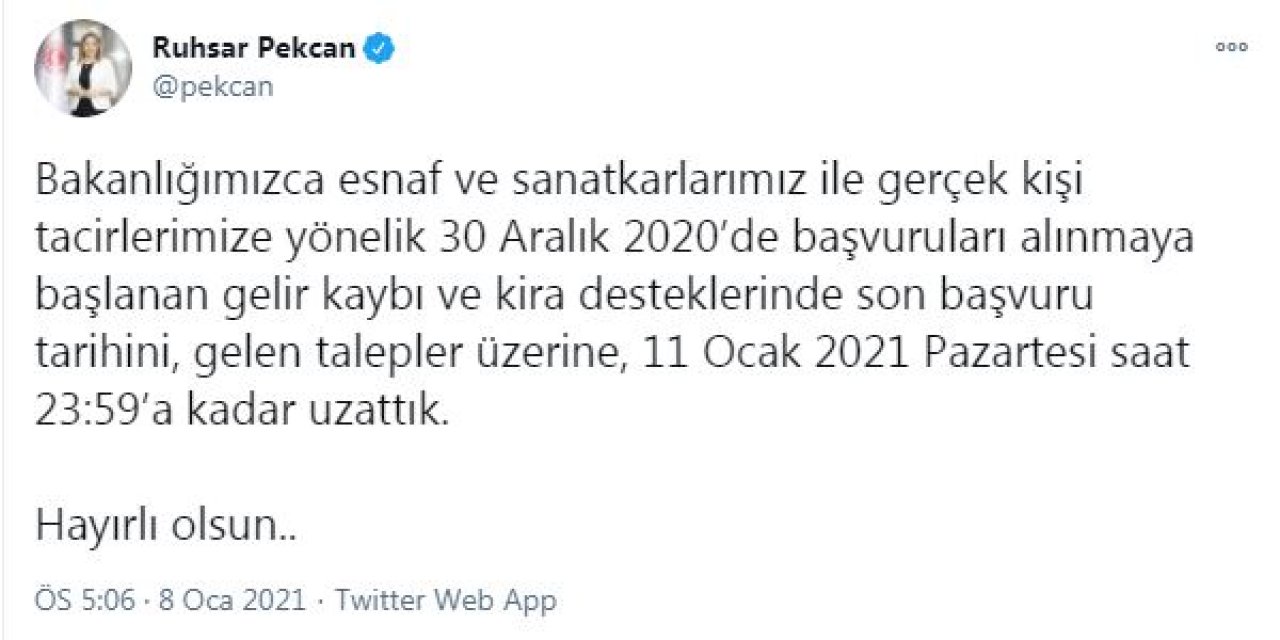 Esnaf ve sanatkarlara destek başvurusunda tarih uzatıldı