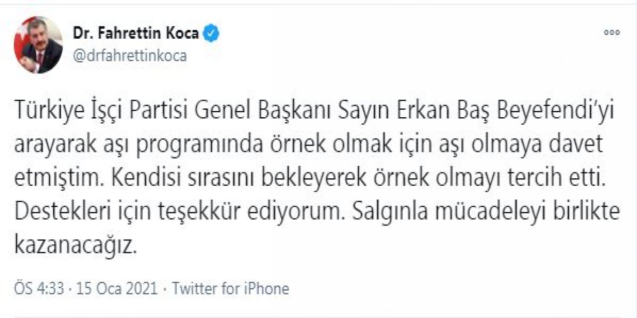 Bakan Koca'dan,Türkiye İşçi Partisi Genel Başkanı Erkan Baş'a teşekkür