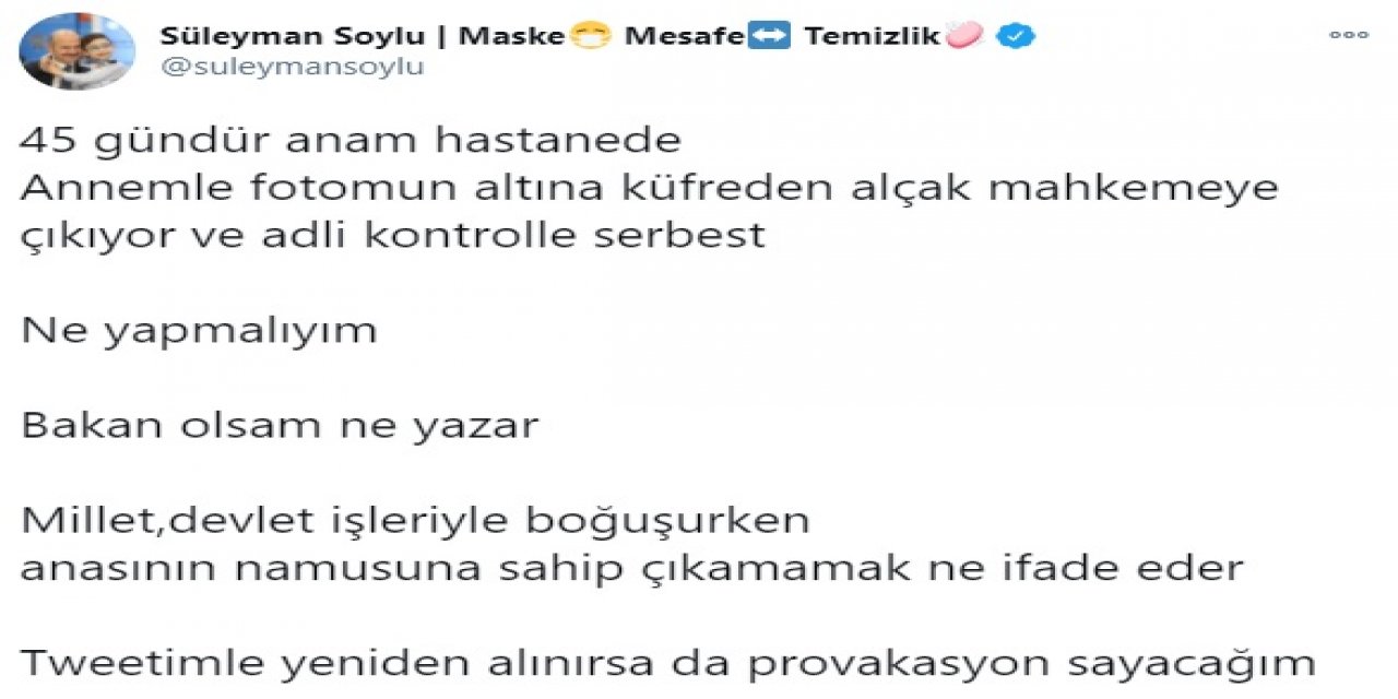 Bakan Soylu'dan Ne yapmalıyım  Bakan olsam ne yazar isyanı: Bakan Soylu: Annemle fotomun altına küfreden alçak adli kontrolle serbest