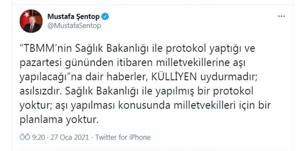 TBMM Başkanı Şentop: Aşı konusunda milletvekilleri için planlama yok