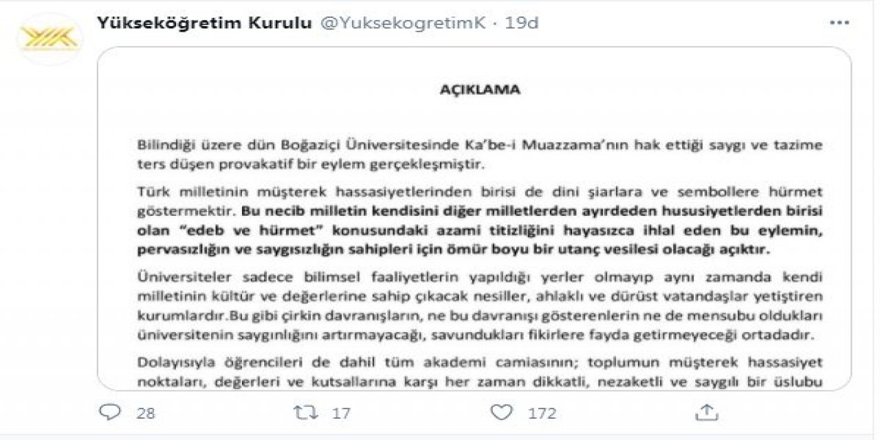 YÖK'ten 'Boğaziçi Üniversitesi' açıklaması