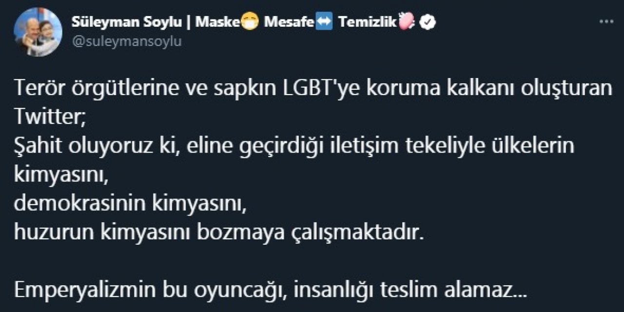 Soylu'dan Twitter çıkışı: Emperyalizmin bu oyuncağı, insanlığı teslim alamaz