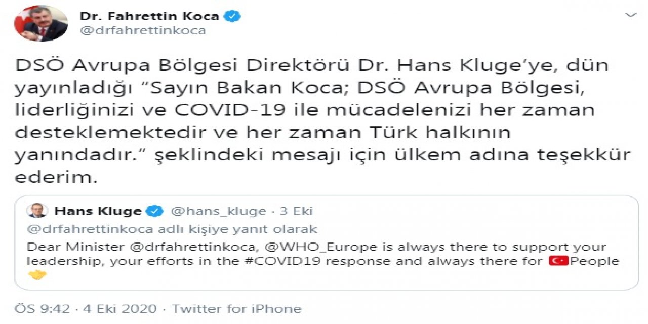 Sağlık Bakanı Koca'dan DSÖ Avrupa Direktörü Kluge'ye teşekkür mesajı