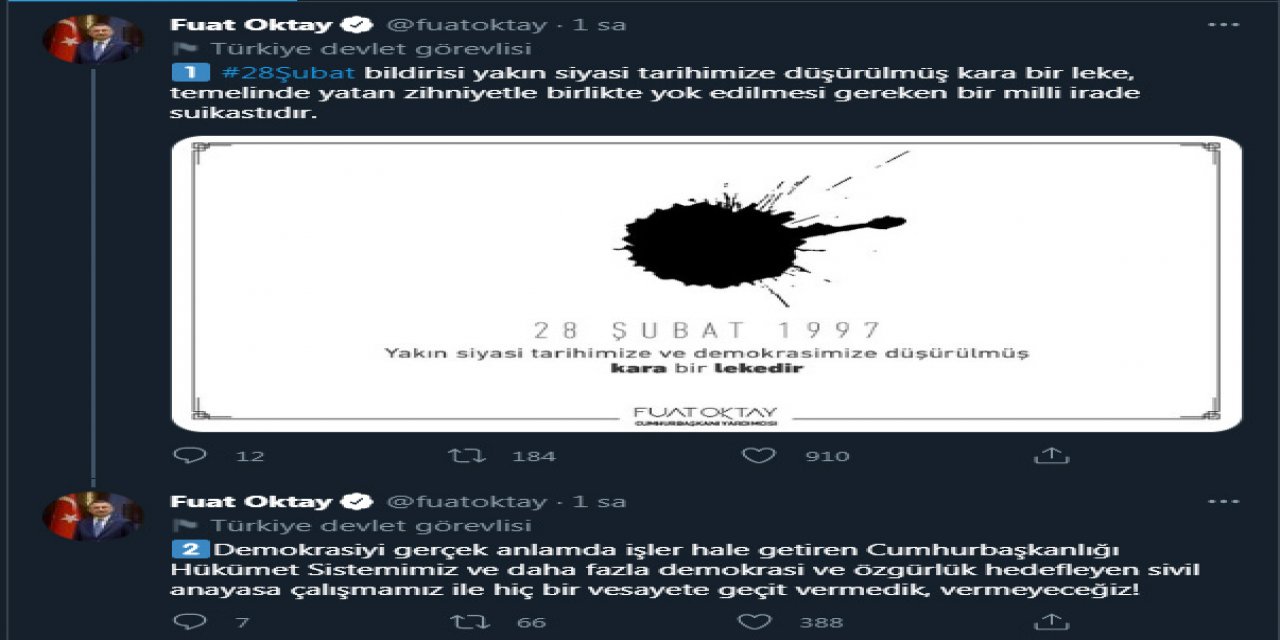 Cumhurbaşkanı Yardımcısı Oktay: 28 Şubat bildirisi yakın siyasi tarihimize düşürülmüş kara bir leke
