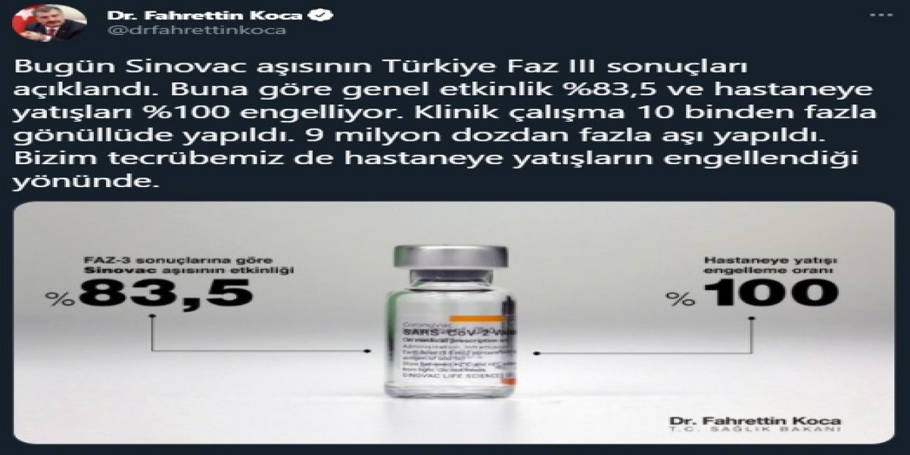 Bakan Koca: Sinovac aşısının genel etkinliği yüzde 83,5