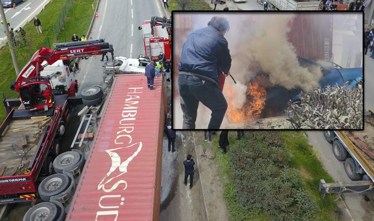 Bursa'da feci kaza! Üzerine TIR düşen otomobil alev alev yandı