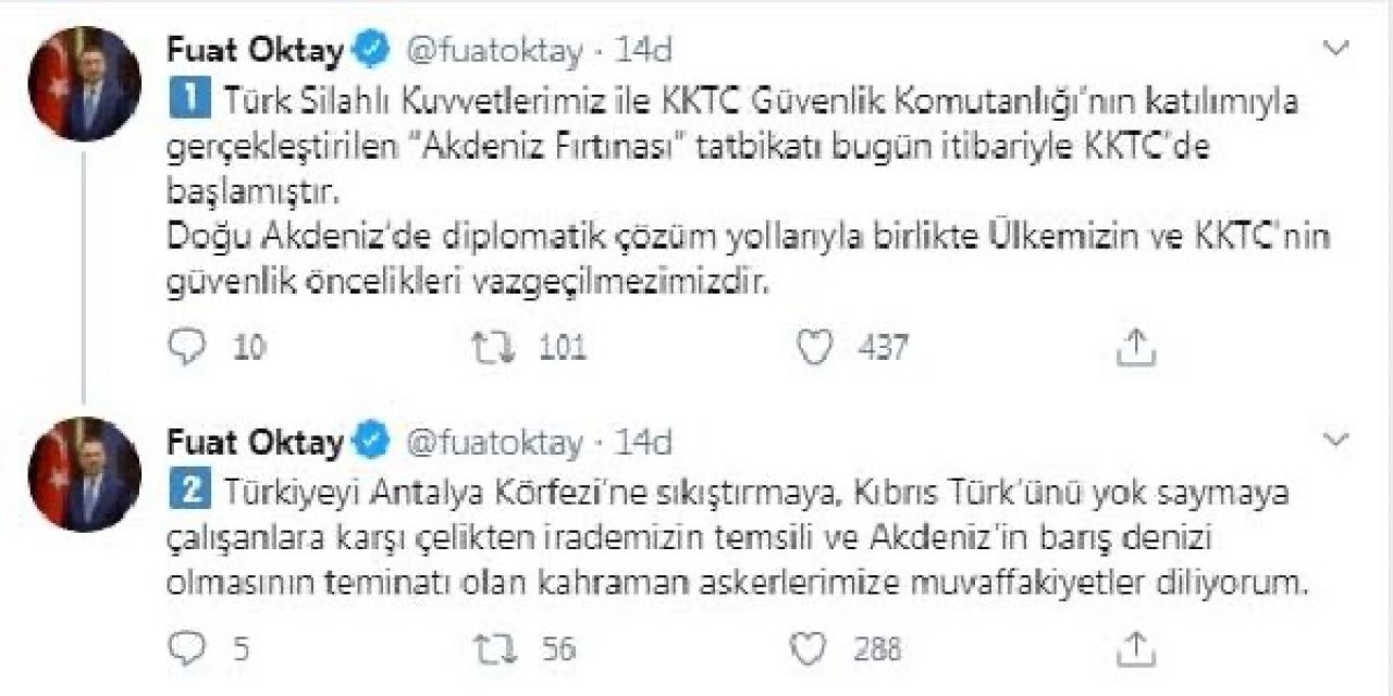 'Akdeniz Fırtınası' tatbikatının bugün itibarıyla KKTC'de başladığını duyurdu.