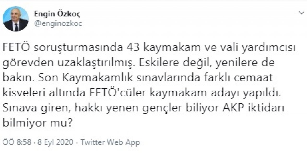 CHP MİLLET VEKİLİ ENGİN ÖZKOÇ ESKİLERE DEĞİL, YENİLERE BAKIN FETÖCÜLER KAYMAKAM ADAYI YAPILDI