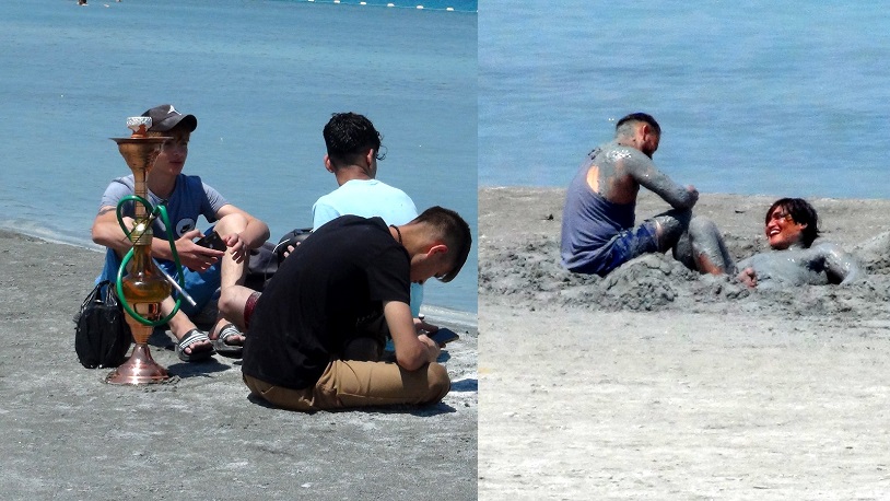 Salda Gölü kıyısında çamur banyosu yapıp nargile içtiler