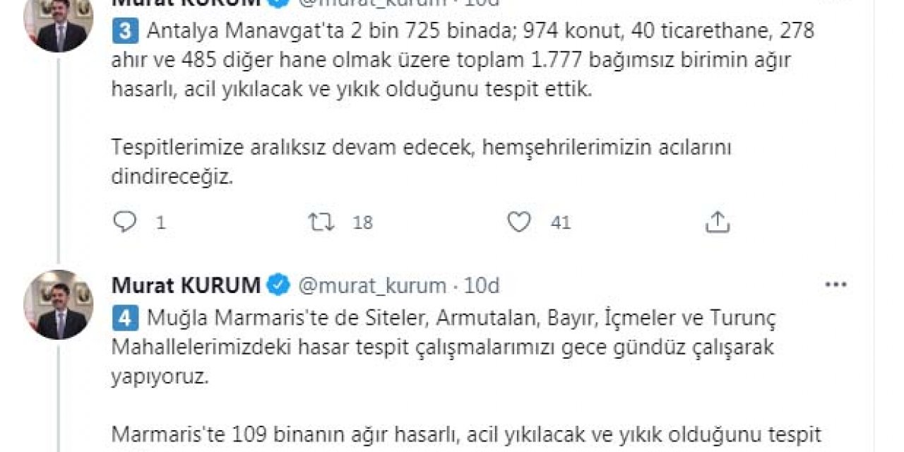 Bakan Kurum'dan yangın bölgelerinde hasar tespit açıklaması