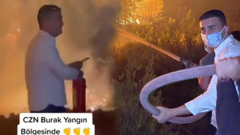 Yangın söndürme çalışmasına katılmıştı... CZN Burak'ın görüntülerine tepki yağdı