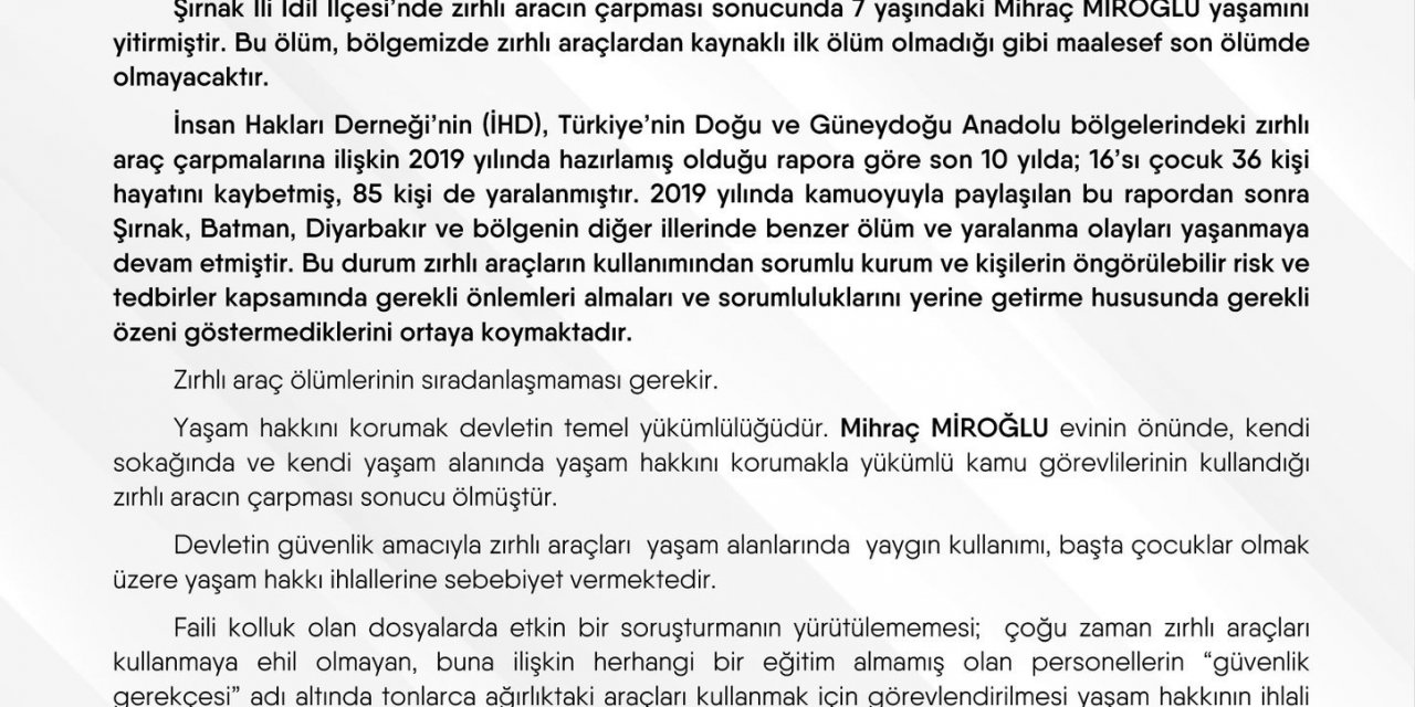 14 BARODAN ORTAK AÇIKLAMA: "ZIRHLI ARAÇ ÖLÜMLERİNİN SIRADANLAŞMAMALI ETKİLİ SORUŞTURMA YÜRÜTÜLMELİ”