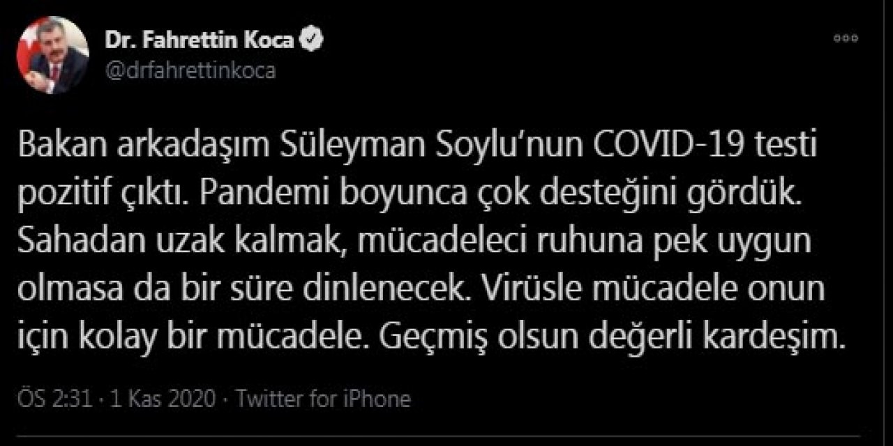Bakan Koca'dan Bakan Soylu açıklaması: Bakan Soylu bir süre dinlenecek