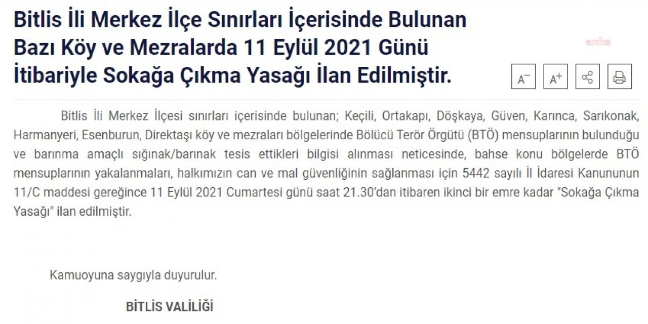 BİTLİS VALİLİĞİ 9 KÖYDE SOKAĞA ÇIKMAYI YASAKLADI