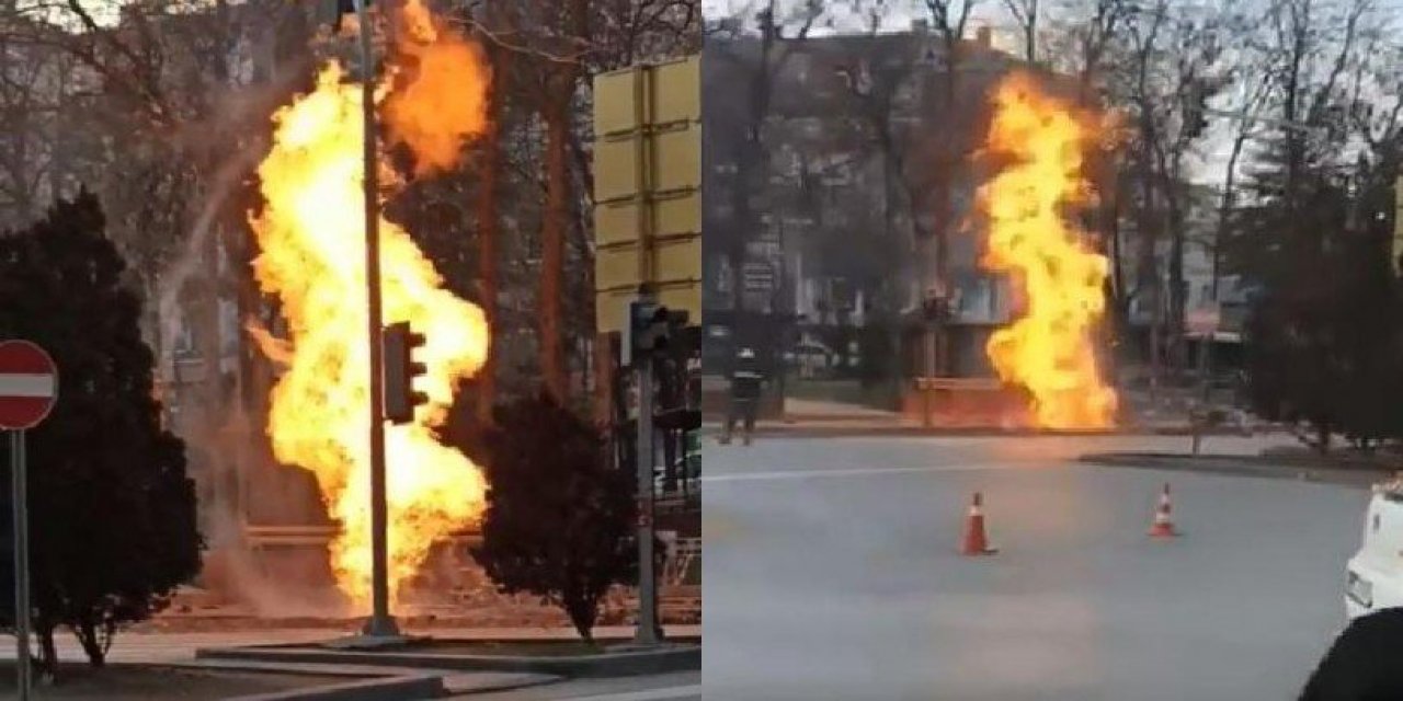 Ankara'da faciadan dönüldü: Patlayan doğal gaz borusu alev aldı