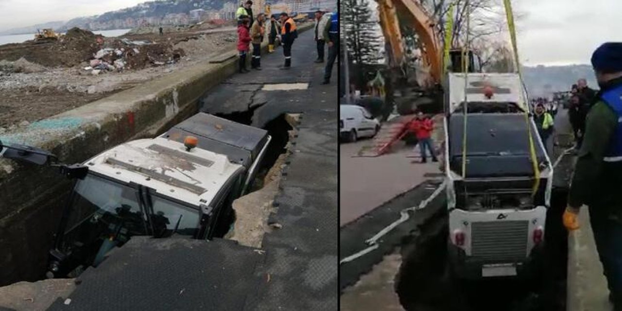 Rize'de belediye aracı çukura düştü