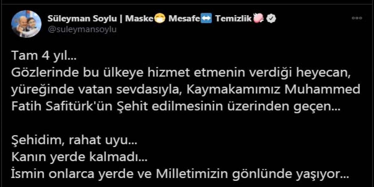 Bakan Soylu'dan Kaymakam Safitürk paylaşımı