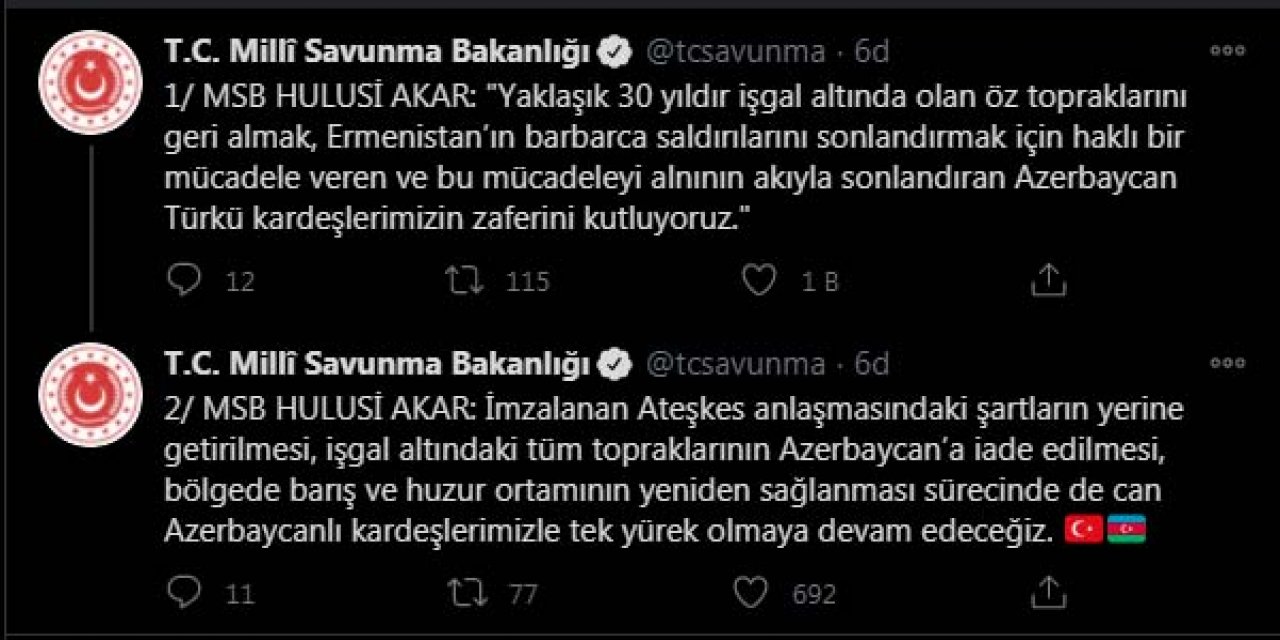 Bakan Akar'dan,  Azerbaycan Türkü kardeşlerimizin zaferini kutluyoruz  paylaşımı