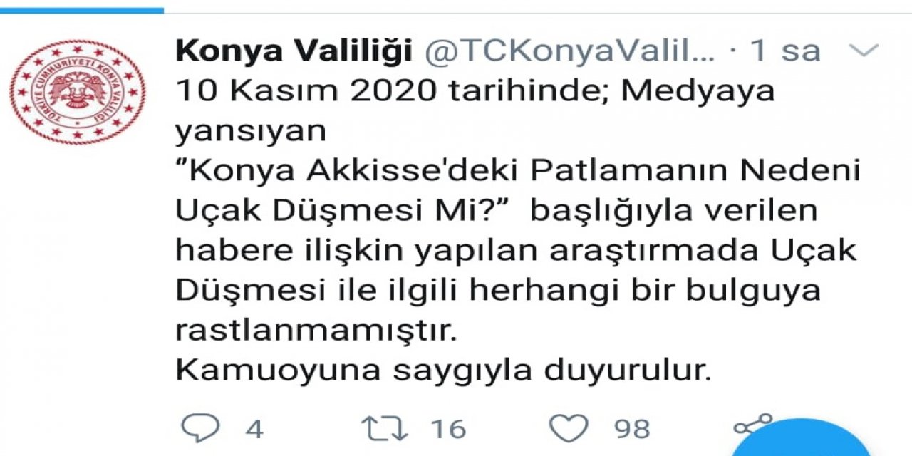 Konya Valiliği: Uçak düşmesi ile ilgili bulguya rastlanılmamıştır