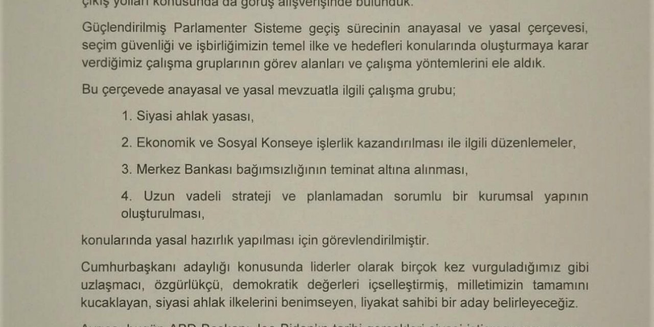ALTI SİYASİ PARTİ LİDERİNİN ÜÇÜNCÜ ORTAK AÇIKLAMASI: "İKTİDARIN SİYASET MÜHENDİSLİĞİNE KARŞI İŞBİRLİĞİMİZİ DERİNLEŞTİREREK SÜRDÜRME ÇABALARIMIZI GÖZDEN GEÇİRDİK"
