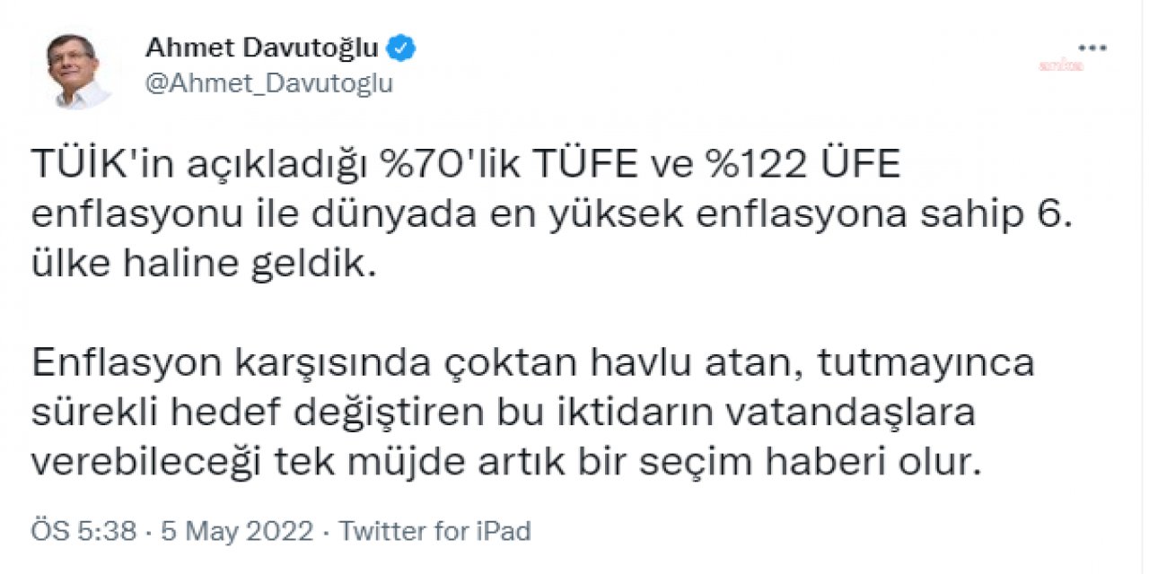 DAVUTOĞLU’NDAN ENFLASYON TEPKİSİ: “BU İKTİDARIN VATANDAŞLARA VEREBİLECEĞİ TEK MÜJDE ARTIK SEÇİM HABERİDİR”