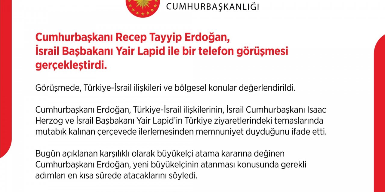 ERDOĞAN, İSRAİL BAŞBAKANI LAPİD İLE TELEFONDA GÖRÜŞTÜ