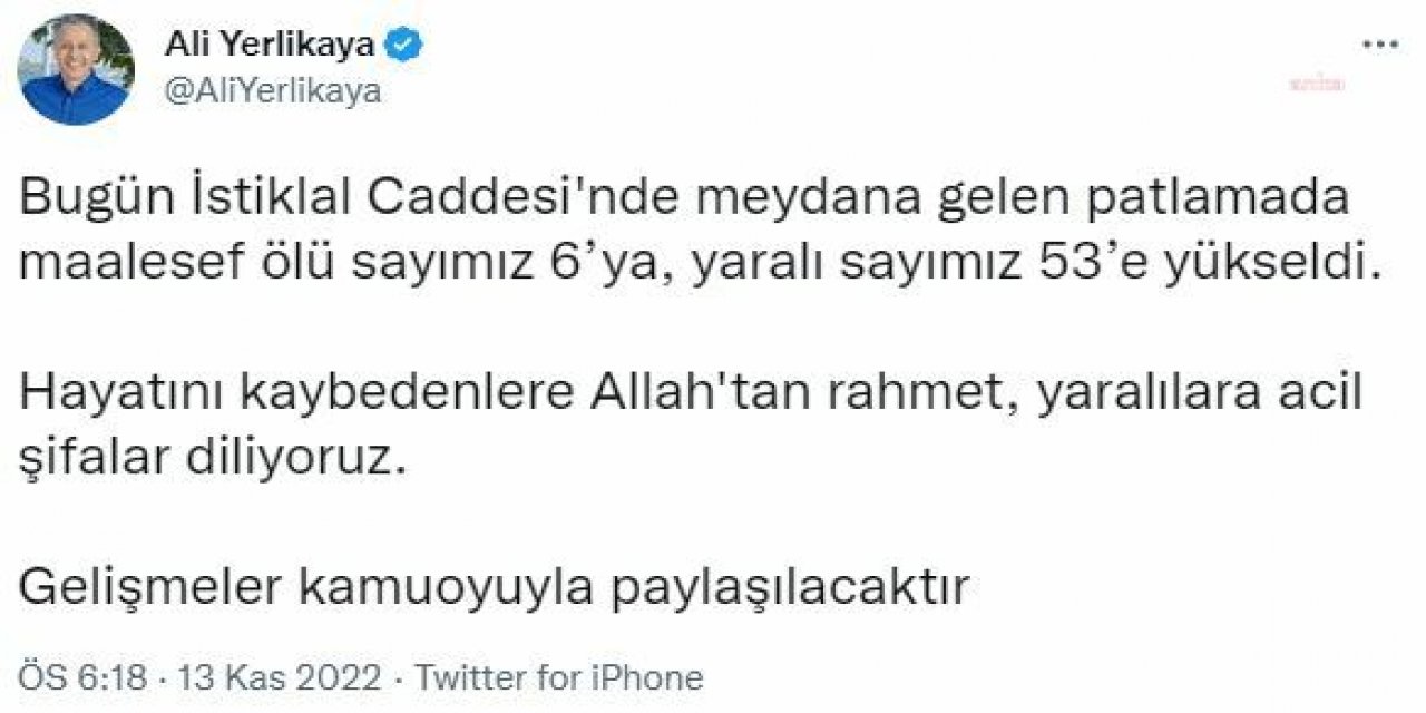 PATLAMADA CAN KAYBI ARTIYOR... İSTANBUL VALİSİ ALİ YERLİKAYA: "ÖLÜ SAYIMIZ 6'YA, YARALI SAYIMIZ İSE 53'E YÜKSELDİ"