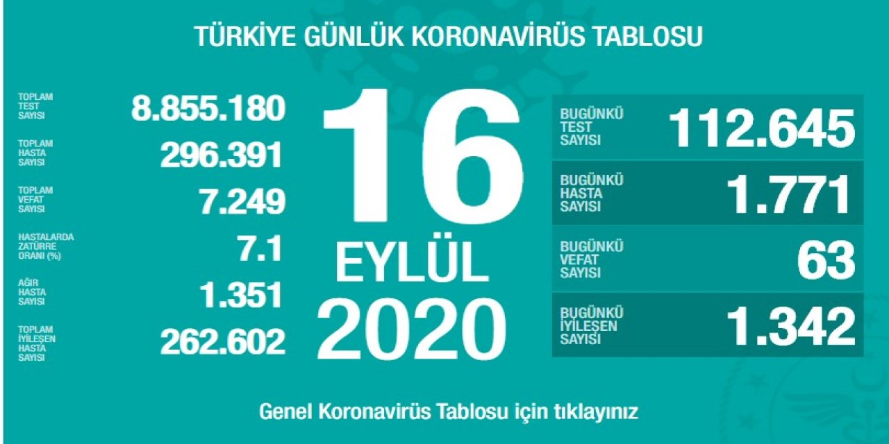 Türkiye'de koronavirüsten 63 kişi daha hayatını kaybetti! 1771 yeni vaka var