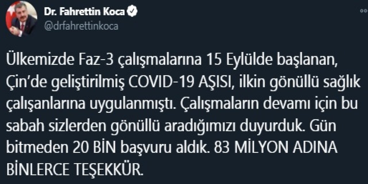 Bakan Koca'dan aşı gönüllülerine teşekkür