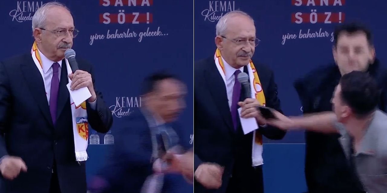 Kılıçdaroğlu sahneye fırlayan genci uzaklaştırmak isteyen korumalara: Bırakın sadece fotoğraf çektirecek. Gel çek gel
