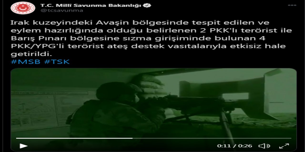 MSB: 6 PKK/YPG'li terörist etkisiz hale getirildi