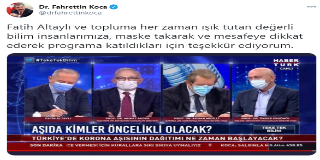 Fahrettin Koca Fatih Altaylı'ya teşekkür etti