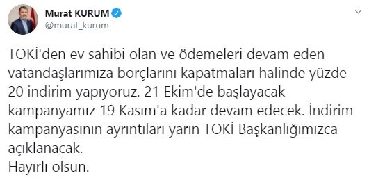 Bakan Kurum açıkladı: TOKİ'ye toplu ödeme yapanlara yüzde 20 indirim 