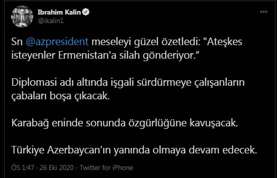 İbrahim Kalın: Karabağ, eninde sonunda özgürlüğüne kavuşacak