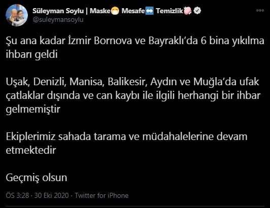 Bakan Soylu: İzmir'de 6 binanın yıkıldığı ihbarı geldi
