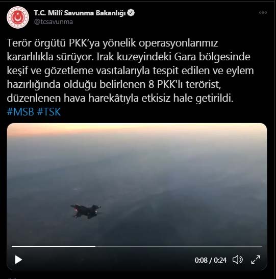 MSB: Irak'ın kuzeyinde 8 terörist etkisiz hale getirildi