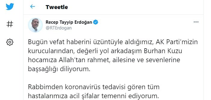 Cumhurbaşkanı Erdoğan'dan Burhan Kuzu için başsağlığı mesajı