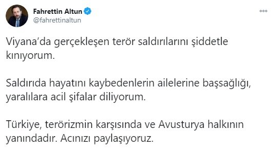 Viyana'daki terör saldırısına Türkiye'den ilk tepkiler geldi