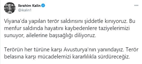 Viyana'daki terör saldırısına Türkiye'den ilk tepkiler geldi
